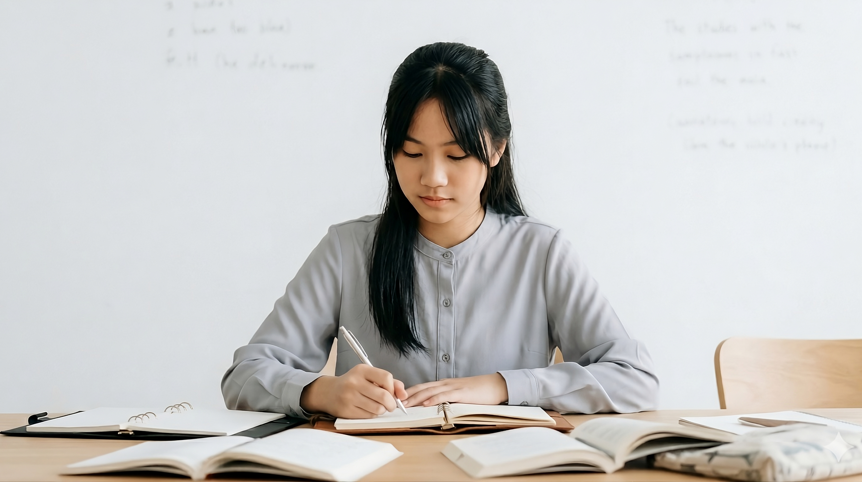 Student studying and writing in a notebook